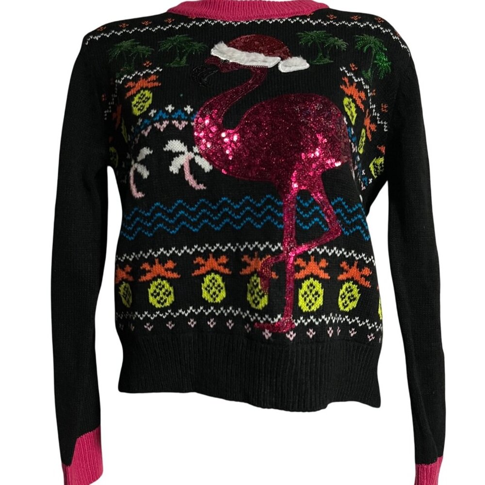 Merry Christmas By Poof  Flamingo Festive Sweater Women S Black With Pink Trim
